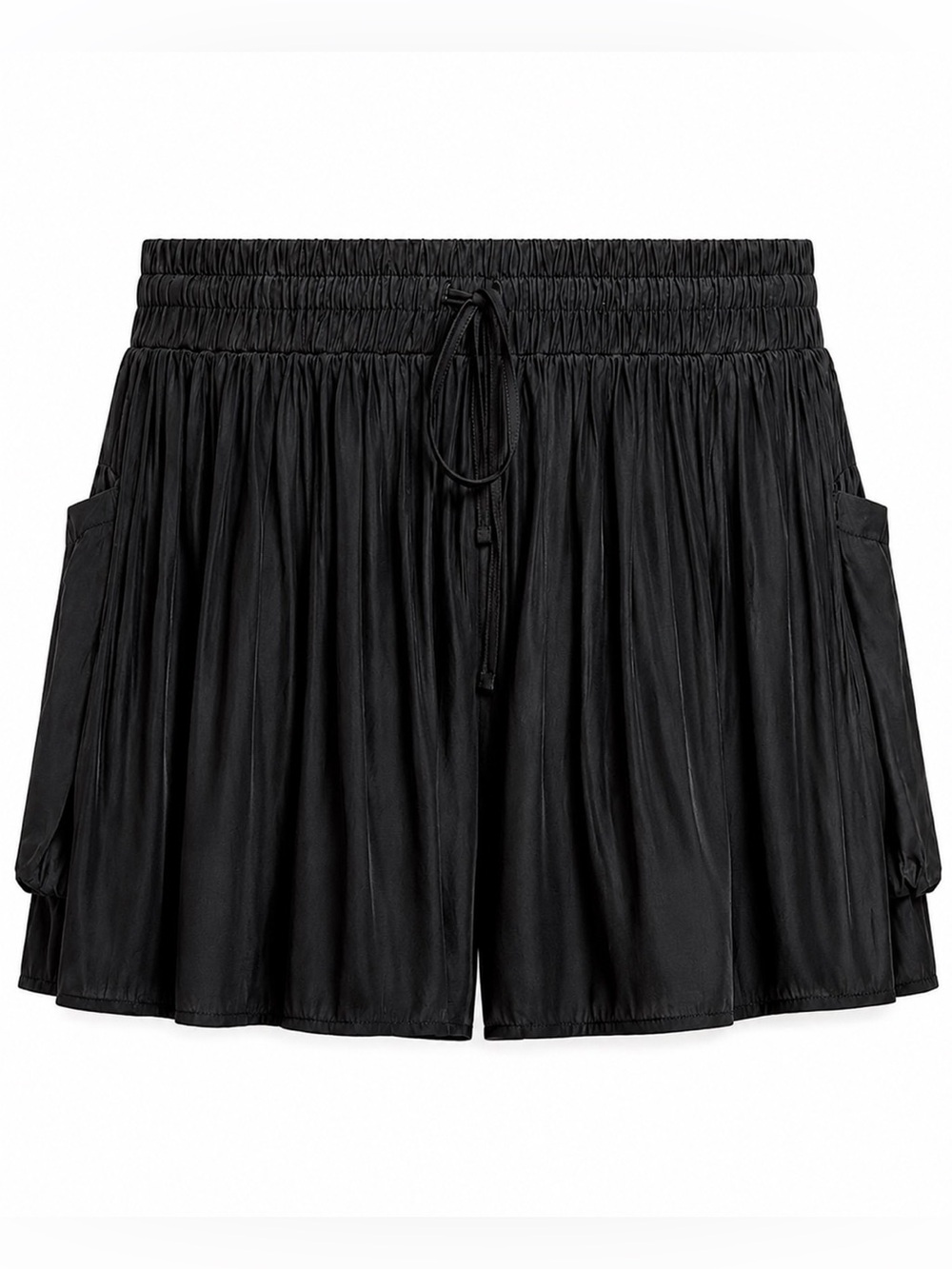 Ramy Brook Black Satin Pleated Pull-On Shorts Elastic Waist Drawstring Pockets L